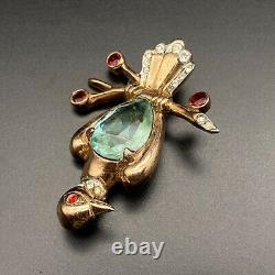 Vintage Rhinestone Bird Gold Plate Sterling Silver Pin Brooch