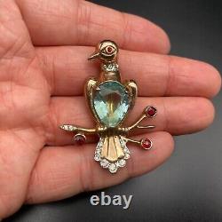 Vintage Rhinestone Bird Gold Plate Sterling Silver Pin Brooch