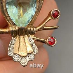 Vintage Rhinestone Bird Gold Plate Sterling Silver Pin Brooch