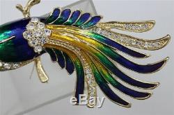 Vintage Rhinestones BIRD OF PARADISE Gold Blue Peacock Enamel Brooch Jewelry