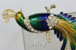 Vintage Rhinestones BIRD OF PARADISE Gold Blue Peacock Enamel Brooch Jewelry