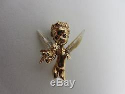 Vintage Ruser 14K Yellow Gold natural Pearl Cherub Child Angel Pin Brooch bird