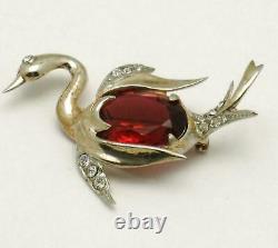 Vintage STERLING Figural Swan Brooch Red Glass Belly Pin