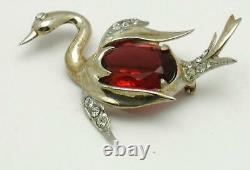 Vintage STERLING Figural Swan Brooch Red Glass Belly Pin