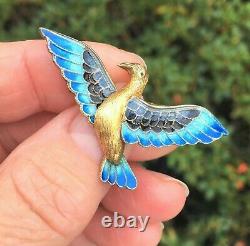 Vintage STERLING SILVER Enamel Vermeil Bird Brooch In Flight Vibrant 4.9g