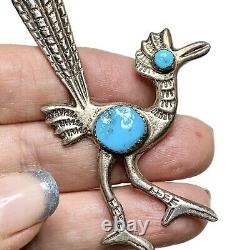 Vintage Sand Cast Roadrunner Brooch, Sterling and Turquoise, Stampings