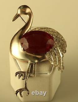 Vintage Sign Sterling Silver Large Red Ruby glass Belly Flamingo Bird Brooch Pin
