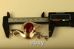Vintage Sign Sterling Silver Large Red Ruby glass Belly Flamingo Bird Brooch Pin