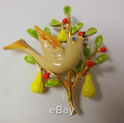 Vintage Signed ART Pear Bird Christmas Tree Enamel Blue Rhinestone Pin Brooch