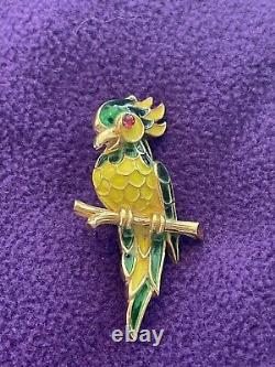 Vintage Signed CROWN TRIFARI Enamel Parrot Bird Brooch Glass Cabochon Excellent