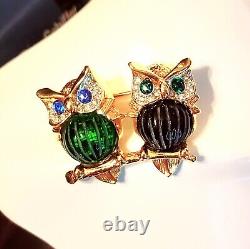 Vintage Signed Coro Rhinestone Jelly Belly Duette Owls Brooch Pin