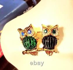 Vintage Signed Coro Rhinestone Jelly Belly Duette Owls Brooch Pin