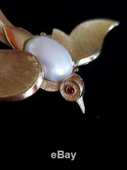 Vintage Signed Crown Trifari Jelly Belly Pearl Bird Brooch Rhinestone Red Gold