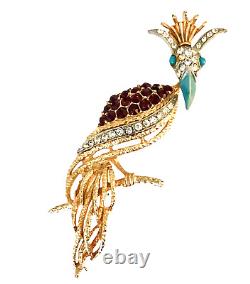 Vintage Signed Florenza Bird of Paradise Ruby Red Rhinestone & Turquoise Brooch