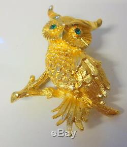 Vintage Signed MONET Gold Tone Emerald Green Rhinestone Owl Bird Pin Brooch