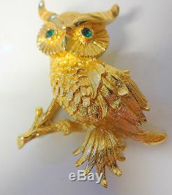 Vintage Signed MONET Gold Tone Emerald Green Rhinestone Owl Bird Pin Brooch