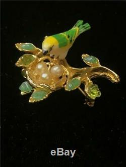 Vintage Signed SWOBODA Bird/Nest Brooch/Pin Excellent Jade/Peridot/Pearls/Coral