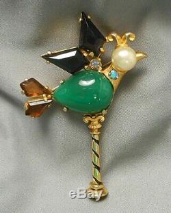 Vintage Signed Schiaparelli Stylized Bird Brooch Pin Rhinestone & Faux Pearl