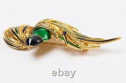 Vintage Signed Sphinx Bird Pin Gold Tone with Blue & Green Enamel 2.75 Brooch
