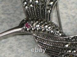 Vintage Signed Sterling Silver Marcasite Red Ruby Eye Hummingbird Brooch Pin