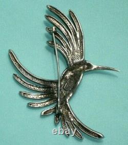 Vintage Signed Sterling Silver Marcasite Red Ruby Eye Hummingbird Brooch Pin