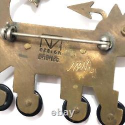 Vintage Signed Thomas Mann Bronze Mixed Metals Roller-skate Cat Bird Pin Brooch