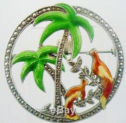 Vintage Silver Enamel Marcasite Brooch with Exotic Birds c. 1938