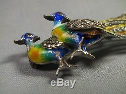 Vintage Silver Enamel & Marcasite Exotic Birds Pin Brooch