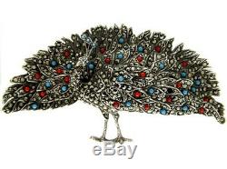 Vintage Silver, Marcasite & Paste Peacock Brooch TM & co 1920-35