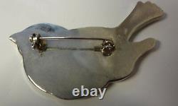 Vintage Silver Tone Mother Of Pearl Oblong Inlay Baby Bird Sparrow Pin Brooch