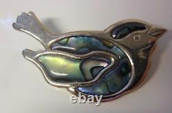Vintage Silver Tone Mother Of Pearl Oblong Inlay Baby Bird Sparrow Pin Brooch