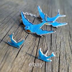 Vintage Silver Twin Blue Bird of Happiness Brooch and Earrings