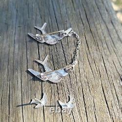 Vintage Silver Twin Blue Bird of Happiness Brooch and Earrings