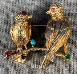 Vintage Solid 14K Yellow Gold Brooch Pin Pair Bird Sitting on Branch Multi Gem