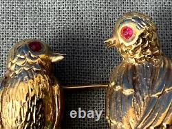 Vintage Solid 14K Yellow Gold Brooch Pin Pair Bird Sitting on Branch Multi Gem