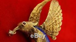 Vintage Solid 14k Gold Flying Bird Brooch Diamond Ruby Eye Signed MARTI (14.7g)