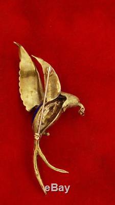 Vintage Solid 14k Gold Flying Bird Brooch Diamond Ruby Eye Signed MARTI (14.7g)