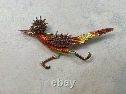Vintage Solid 14k Yellow Gold Roadrunner Bird Pin Brooch Enameled 4.8 Grams