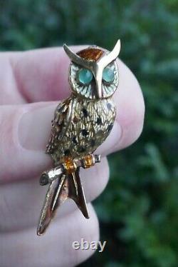 Vintage Solid 14kt Yellow Gold & Chrysoprase Enameled Owl Brooch / Pin 8.6g