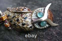 Vintage Solid 14kt Yellow Gold & Chrysoprase Enameled Owl Brooch / Pin 8.6g