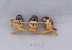 Vintage Solid 18K Yellow Gold Pin/Brooch with 3 Birds Colored Enamel NICE