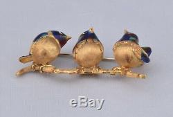 Vintage Solid 18K Yellow Gold Pin/Brooch with 3 Birds Colored Enamel NICE