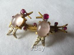 Vintage Solid 18ct Gold Rose Quartz Agate Ruby Bird Design Bar Brooch
