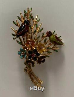 Vintage Solid 18k Yellow Gold Birds & Floral Bouquet Brooch Pin 13 Grams