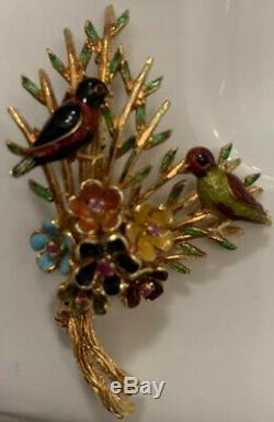 Vintage Solid 18k Yellow Gold Birds & Floral Bouquet Brooch Pin 13 Grams