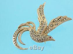 Vintage Solid Silver Marcasite Bird of Paradise Brooch Red eye c1930s
