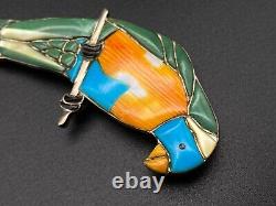 Vintage Southwestern Sterling Silver Turquoise MOP Parrot Bird Brooch Pendant