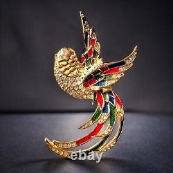 Vintage Sparkling Bird of Paradise Brooch Gold Tone, Enamel & Rhinestones