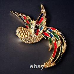 Vintage Sparkling Bird of Paradise Brooch Gold Tone, Enamel & Rhinestones