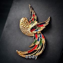 Vintage Sparkling Bird of Paradise Brooch Gold Tone, Enamel & Rhinestones